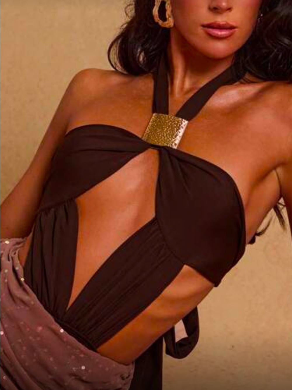 Women’s Brown Halter Cut Out Bodysuit with Gold Metal Accent